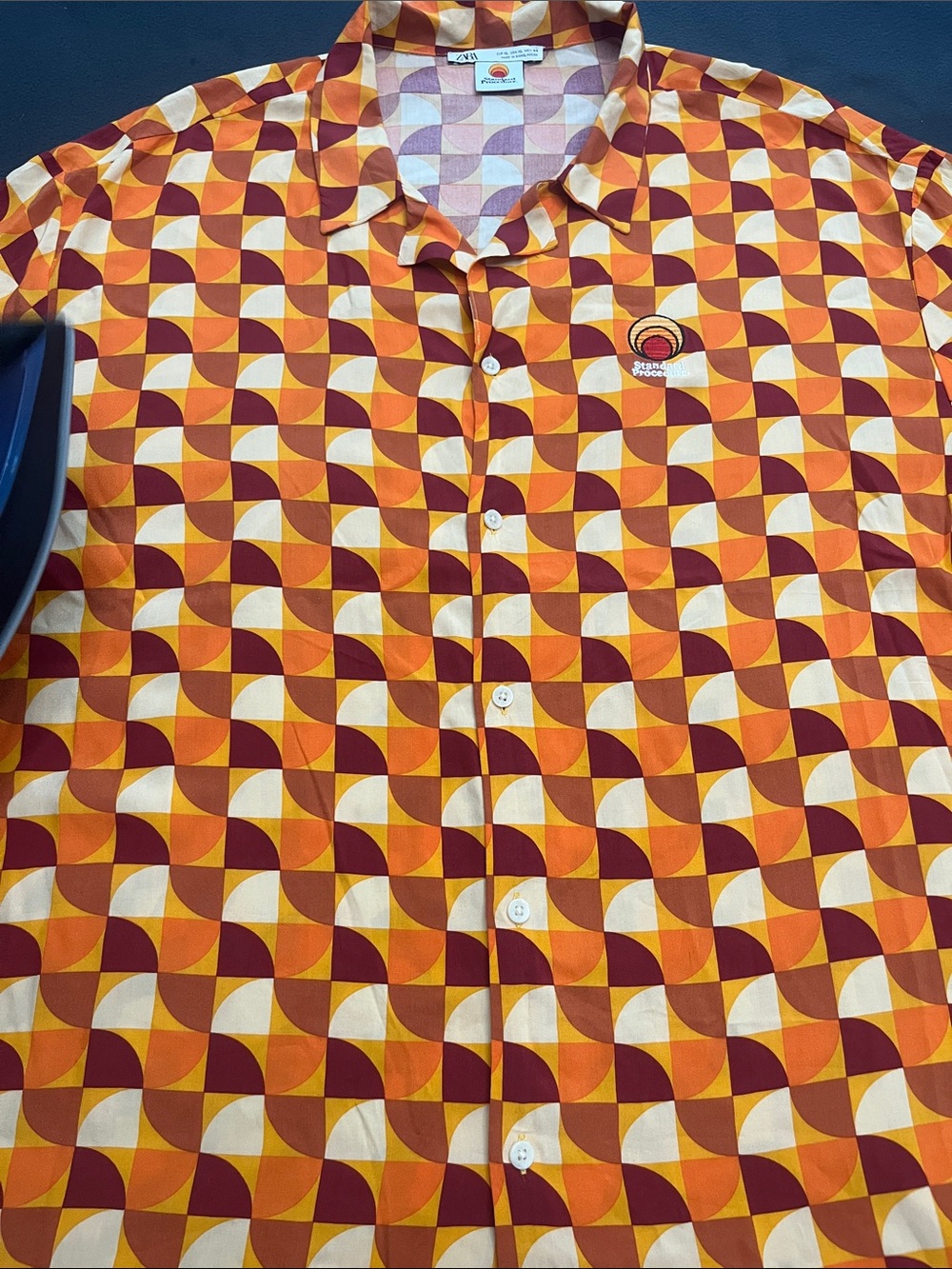 Zara Orange, Maroon & Cream Geometric Short-Sleeve Button-Down Shirt